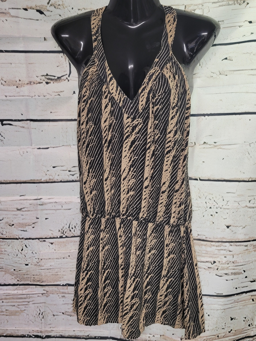Element Eden Printed Racerback Open Back Mini Dress Beige Black Women's